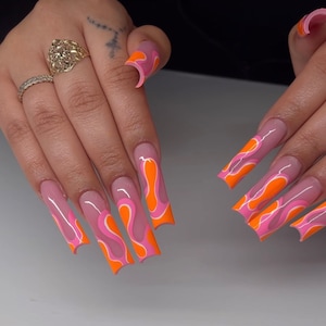 Orange and Pink Abstract Line Press On Nails|Nude Nails|Swirl Nails|Spring Nails|Luxury Nails||Summer Nails|Colorful Nails|Nail Art