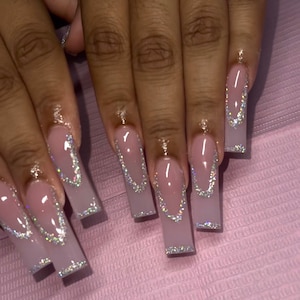 Sheer Pink Halo Glitter French Tip Outline Press On Nails| Long Glitter Nails| Reflective Nails|Luxury Nails| Bling Nails|Diamond Gel Polish