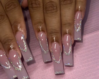 RUNRAYAY French Nails Mit Pailletten – Langer, Glänzender Kunstnagelsatz Inkl. Kleber & Feile