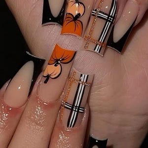 Fall Pumpkin Black Plaid Press On Nails|Nude Nails|Black Nails|Pumpkin Nails|Fall Nails|Orange Nails|Plaid Nails|Glitter Nails|Luxury Nails