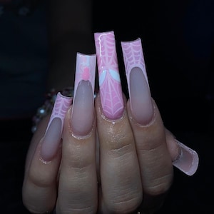 Pink Spider Web French Tip Press On Nails|Spider Man Nails|French Tip Nails|Luxury Nails|Spider Woman Nails|Pink Nails|October Nails|Webs