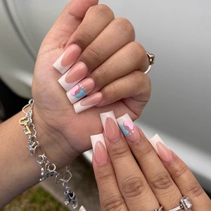 Pink and Blue Gender Reveal French Tip Press On Nails|Baby Shower Nails|French Tip Nails|Pink Nails|Luxury Nails|Blue Nails|Gender Reveal