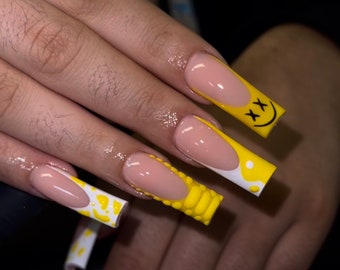 Yellow Mismatch French Tip Nails|Long Nails| Yin and Yang|Yellow Nails| Square Nails|Luxury Nails|Bling Nails|Cow Print Nails|3D Croc Nails