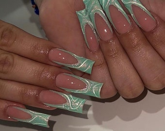 3D Sage Green Iridescent French Tip and Press On Nails| Chrome Nails| Cat Eye Nails| French Tip Nails| Pearl Nails|Luxury Nails| Bling Nails