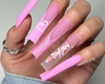 Pink Glitter French Tip Heart Press On Nails| Valentines Nails|Long Nails|French Tip Nails|Heart Nails|Luxury Nails|Bling Nails|Pink Nails