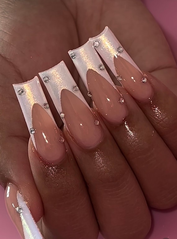 Pearl White French Tip and Rhinestone Press on Nails Chrome Nails Long  Nails French Tip Nails Pearl Nails Luxury Nails Bling Nails 