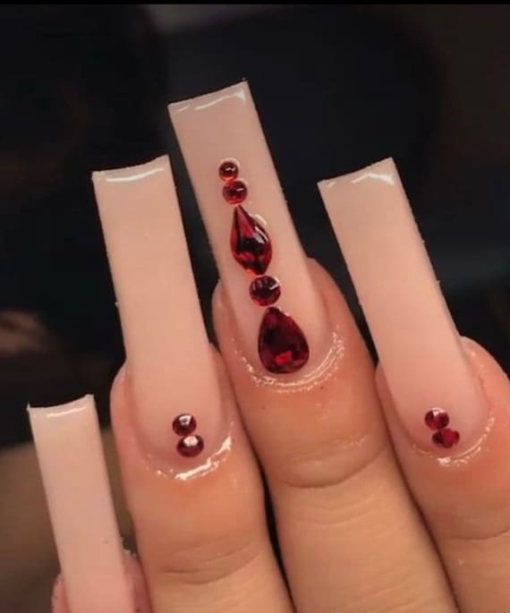 Red Rhinestone Nude Nails Bling Nails Nude Nails Long Nails Holiday Nails  Christmas Nailsluxury Nails Red Nails Glam Nails 