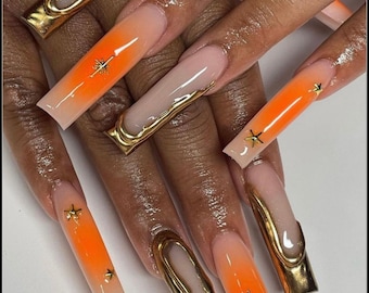3D Gold Chrome + Orange Airbrush Charm Drippy Press On Nails|Chrome Nails|Summer Nails|Orange Nails|Vacay Nails|Luxury Nails|Gold Nails