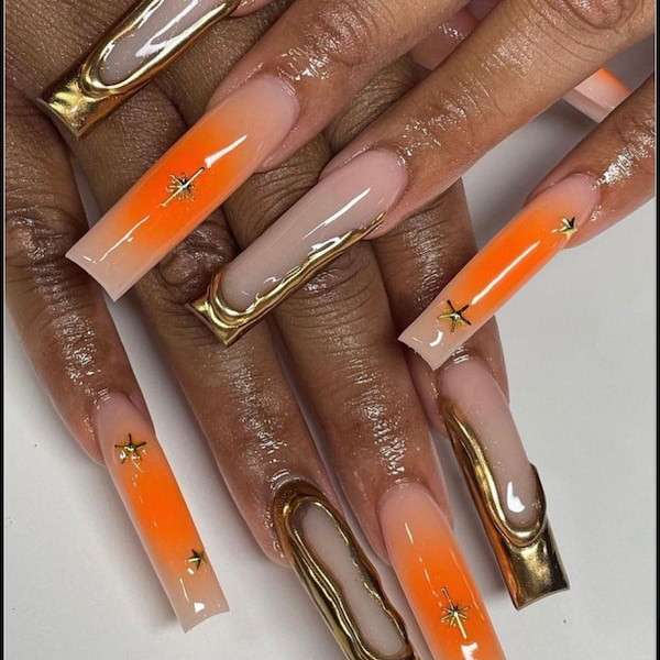 3D Gold Chrome + Orange Airbrush Charm Drippy Press On Nails|Chrome Nails|Summer Nails|Orange Nails|Vacay Nails|Luxury Nails|Gold Nails