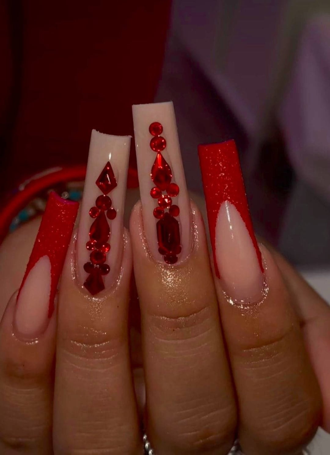 Red Glitter French Tip Nails Bling Nails Nude Nails Long Nails Glitter
