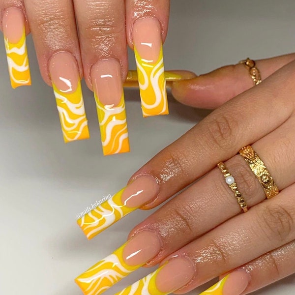 Orange and Yellow Ombré French Tip+Abstract Line Press On Nails|Nude Nails|Swirl Nails|Spring Nails|Luxury Nails||Summer Nails|Colorful Nail