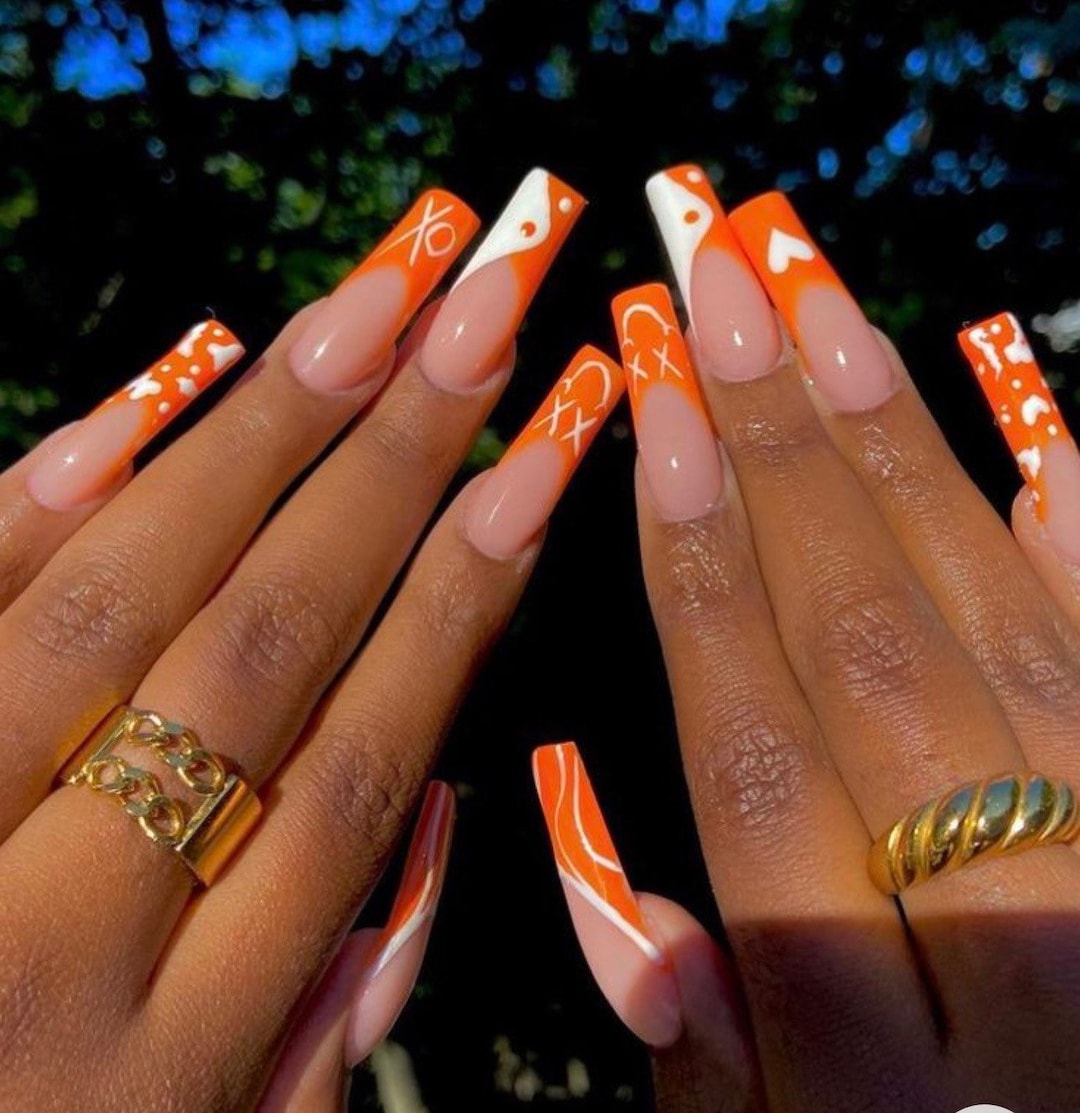 Orange French Tip Nails Press on Nails False Nails Long Nails Yin and Yang Nails Ombre Nails