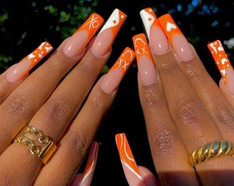 Orange French Tip Nails| Press On Nails| False Nails| Long Nails| Yin and Yang Nails| Ombre Nails| Gradient Nails|Luxury Nails| Bling Nails