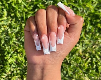 3D White Pearl French Tip Press On Nails|Bride Nails| Bridal Nails|French Tip Nails|Pearl Nails|Luxury Nails|Elegant Nails|Wedding Nails