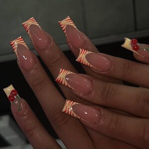 Yellow & Red Zebra French Tip 3D Cherry Press On Nails|Red Nails|3DNails|Nude Nails|Luxury Nails|Cherry Nails|Vintage Nails