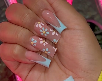 Blue French Tip & Spring Flowers Press On Nails|Nude Nails|Long Nails|French Tip Nails|Spring Nails|Luxury Nails|Floral Nails|Pastel Nails