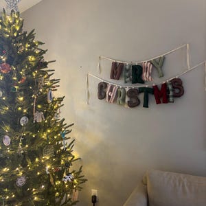Handmade Merry Christmas Fabric Banner | Frayed Edge Holiday Garland image 1