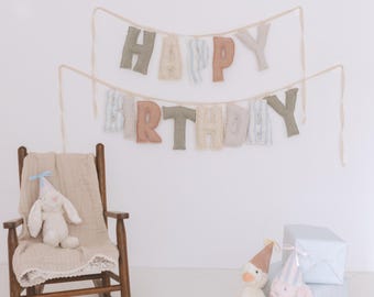 Happy Birthday Fabric Banner, Quilted Puffy Letter Banner, Sewn Birthday Garland, Plush Cloth Letter Banner, Handmade Birthday Decor