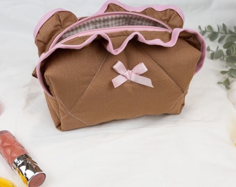 Quilted Ruffle Makeup Bag, Brown Cosmetic Travel Bag