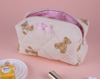 Handmade Teddy Bear Quilted Makeup Bag - Personalized Cosmetic Bag - Gift for Her