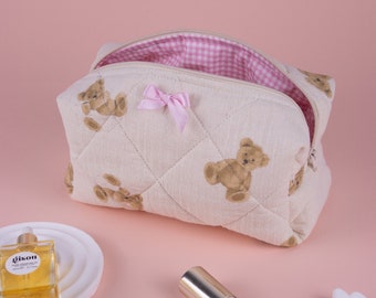 Teddy Bear Makeup Bag, Quilted Makeup Bag, Makeup Bag With Ribbon, Toiletry Bag Women, Travel Bag