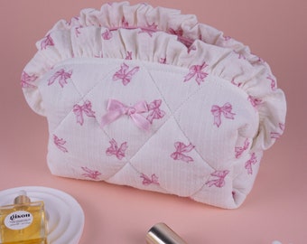 Bow Makeup Bag, Coquette Makeup Bag, Ribbon Quilted Cotton Cosmetic Bag