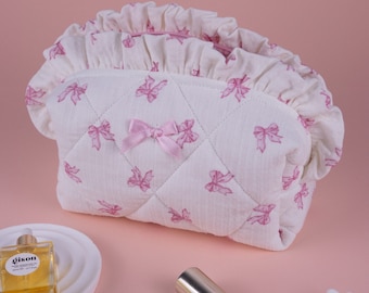 Trousse de maquillage avec nœud, trousse de maquillage coquette, trousse à cosmétiques en coton matelassé avec ruban