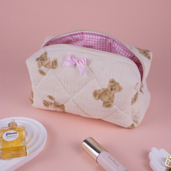 Teddy Bear Makeup Bag, Quilted Makeup Bag, Makeup Bag With Ribbon, Toiletry Bag Women, Travel Bag