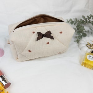 Makeup Bag, Quilted Makuep Bag, Brown Heart Makeup Bag, Cosmetic Bag , Muslin Makeup Bag