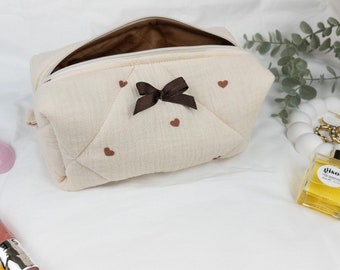 Quilted Muslin Makeup Bag, Brown Hearts, Cosmetic Travel Bag