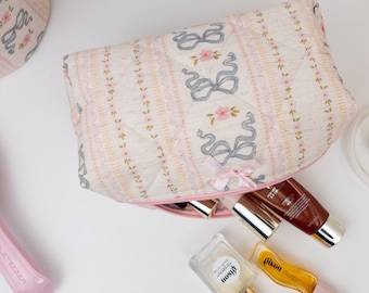 Bow Quilted Makeup Bag - Cotton Cosmetic Bag - Coquette Makeup Pouch