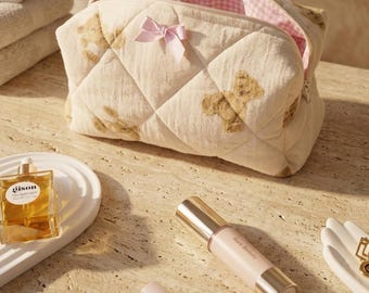 Handmade Teddy Bear Quilted Makeup Bag - Personalized Cosmetic Bag - Gift for Her
