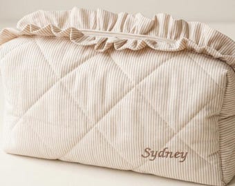Borsa da viaggio con volant per Dyson Airwrap e Shark FlexStyle, custodia organizer trapuntata personalizzata per strumenti per capelli, a righe beige, regalo con nome personalizzato