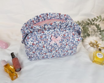 Handmade Floral Makeup Bag with Ruffle, Travel Toiletry Organizer