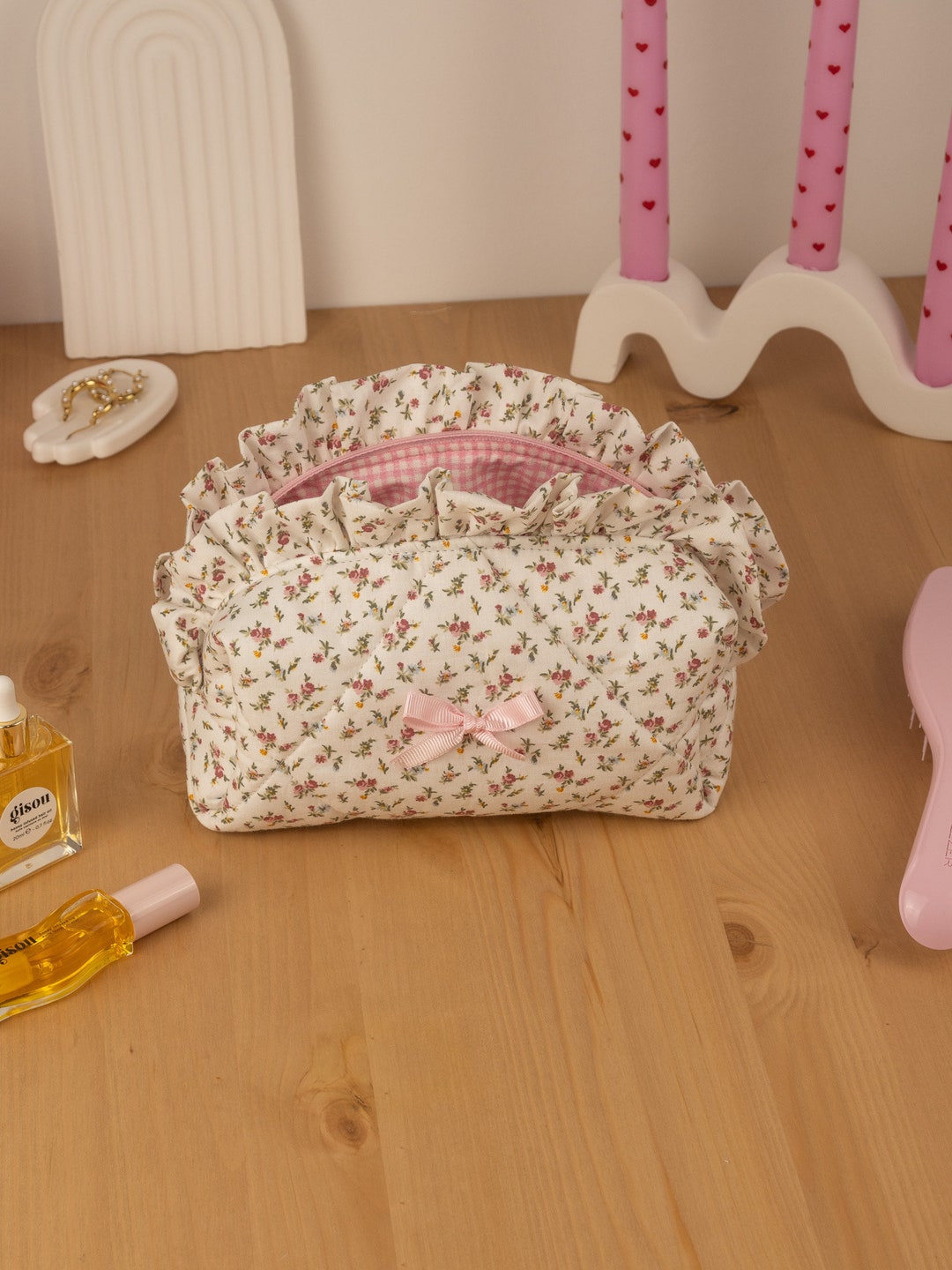 Coquette Make-up tas, schattige strik, katoenen bloemencoquette Coquette Make-up tas, schattige strik, katoenen bloemencoquette