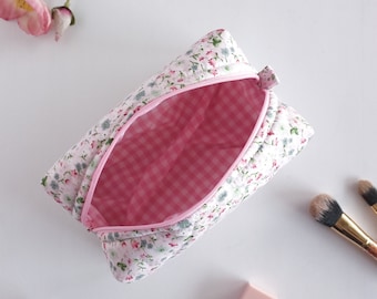 Pink Floral Makeup Bag, Quilted Cotton Cosmetic Bag, Toiletry Bag Women, Travel Bag