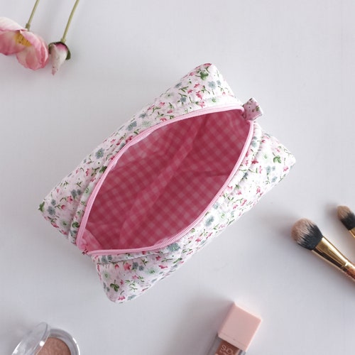 Pink Floral Makeup Bag Quilted Cotton Cosmetic Bag Toiletry - Etsy