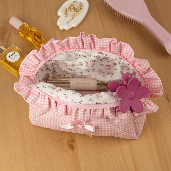 Rüschen Make-up Tasche, Gesteppte Makuep Tasche, Rosa Gingham Make-up Tasche, Kosmetiktasche