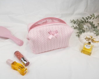 Handmade Quilted Pink Makeup Bag – Knitted Look, Bow Detail