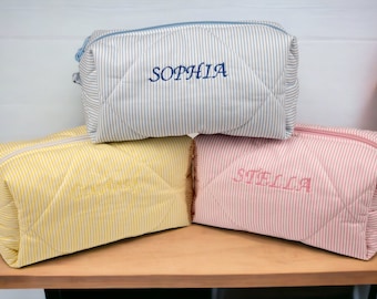Personalized Quilted Makeup Bag, Embroidered Cotton Cosmetic Bag