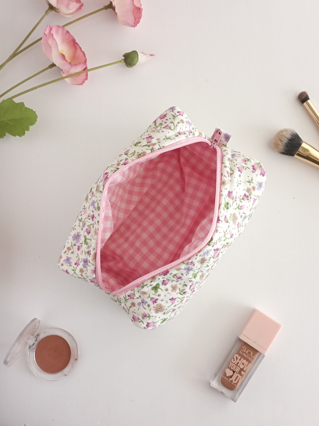 Sac de maquillage floral, sac cosmétique en coton matelassé, sac de toilette pour femmes, sac de voyage - Etsy France