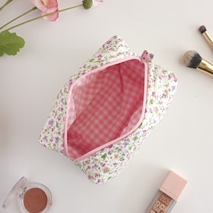 Trousse à maquillage florale, Trousse à cosmétiques en coton matelassé, Trousse de toilette femme, Trousse de voyage