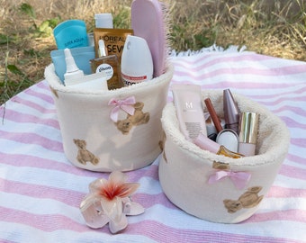 Teddy Bear Makeup Organizer Set – Cotton Cosmetic Baskets