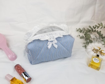 Handmade Striped Makeup Bag with Lace, Cotton Cosmetic Pouch