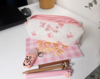 Handmade Quilted Pencil Case – Ribbon Print, Gingham Lined