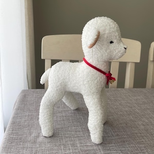Handmade Plush Lamb – Soft Fluffy Sheep Toy with Red Ribbon and Bell Nursery Decor, Baby Shower or Easter Gift