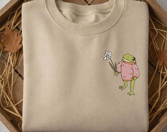 Cute Frog Sweatshirt, Embroidered Frog with Daisy Shirt, Cozy Frog Graphic Tee, Nature Lover Gift, Boho Frog Sweatshirt, Quirky Animal Shirt