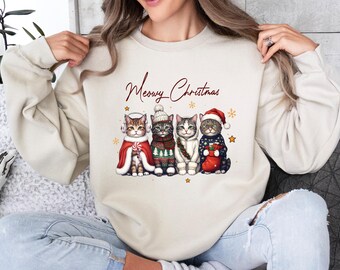 Cute Christmas Cats Wall Art Sweatshirt, Meowy Christmas Shirt, Cat Christmas Sweatshirt, Cat Lover Xmas T-Shirt, Christmas Cat Mom Sweater