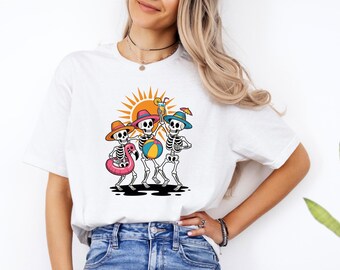 Funny Dancing Skeletons Shirt, Trendy Skeleton Shirt, Cute Summer T-Shirt, Funny Summer Beach Skeleton Shirt, Beach Shirt, Funny Beach Shirt