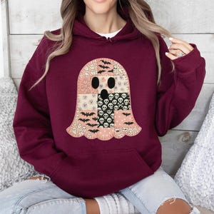 Halloween Patchwork Ghost Sweatshirt, Vintage Patchwork Ghost Tee, Ghost And Cat Shirt, Halloween Ghost Wear, Spooky Floral Ghost Outfit Tee
